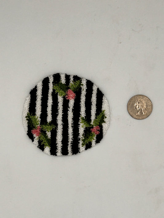 Pink Holly on Black & White Striped Punchneedle Rug